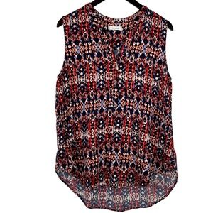 Mandee Red & Blues Geometric Pattern Sleeveless 3/4 Button Down V-Neck Blouse XL